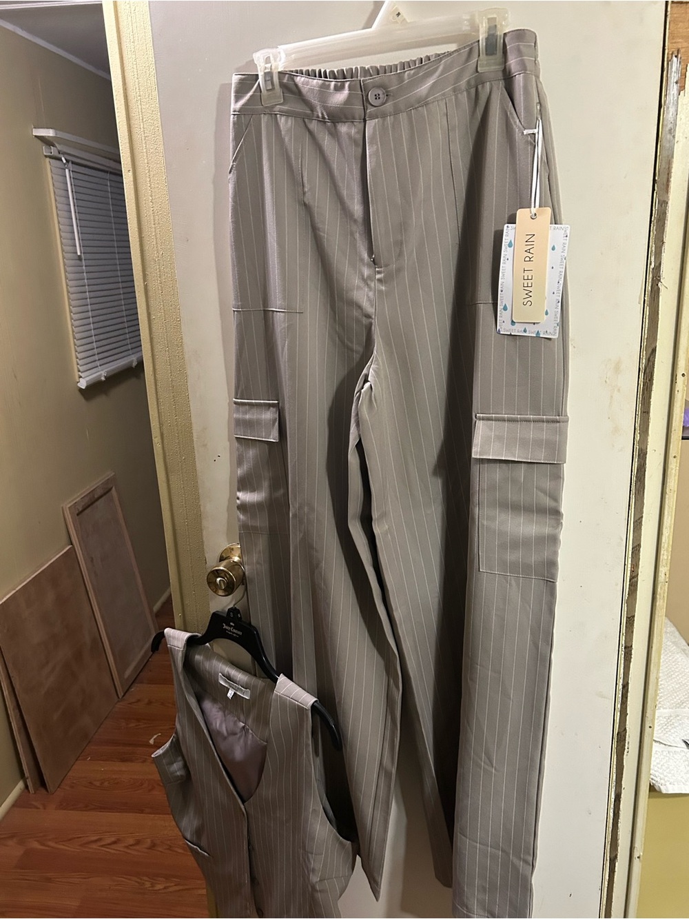 Sweet Rain Womens Pinstripe Cargo Pant suit in Light Gray